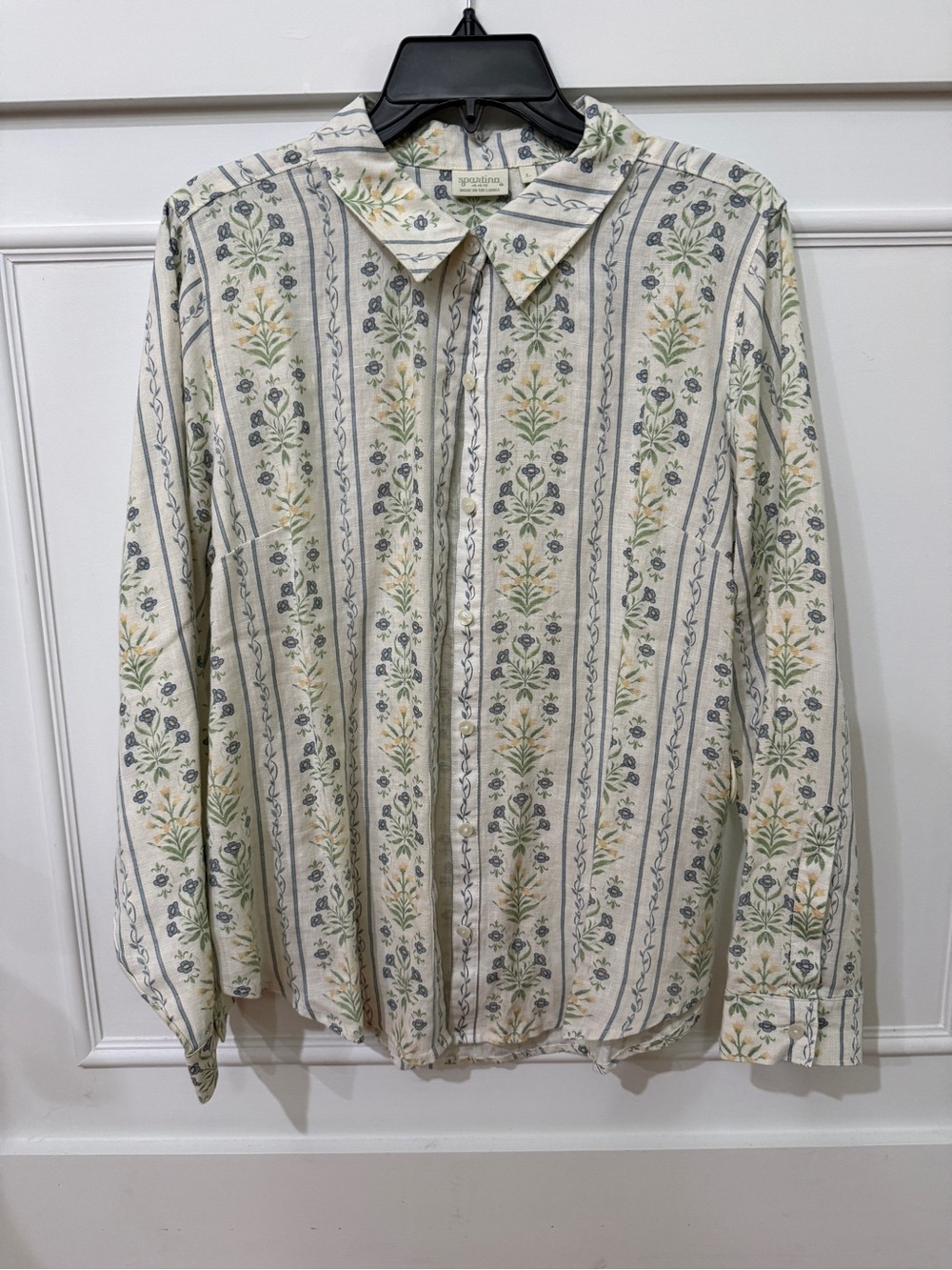 Spartina 449 Cream Button-Down Shirt with Green and Yellow Floral Stripes